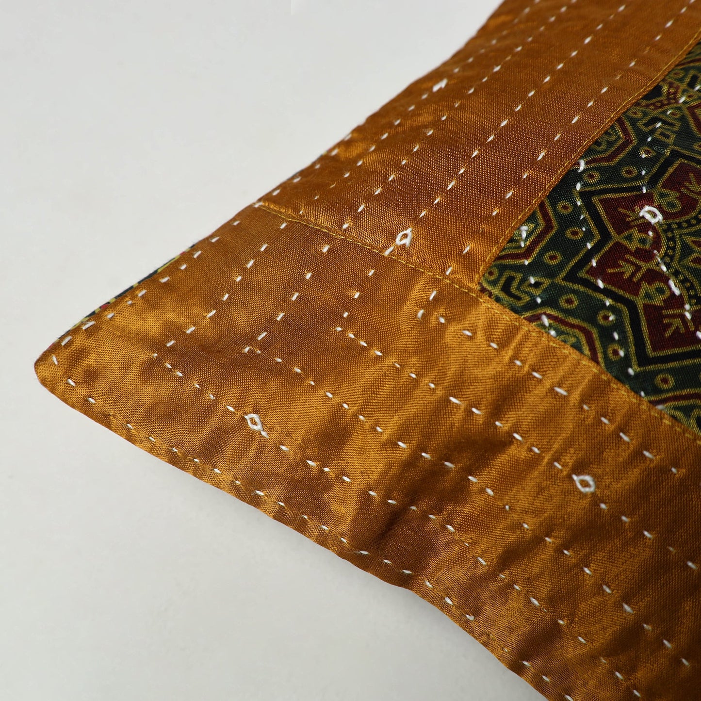 Brown - Kutch Embroiderd Mashru Silk Ajrakh Print Cushion Cover 02