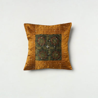 Brown - Kutch Embroiderd Mashru Silk Ajrakh Print Cushion Cover 02