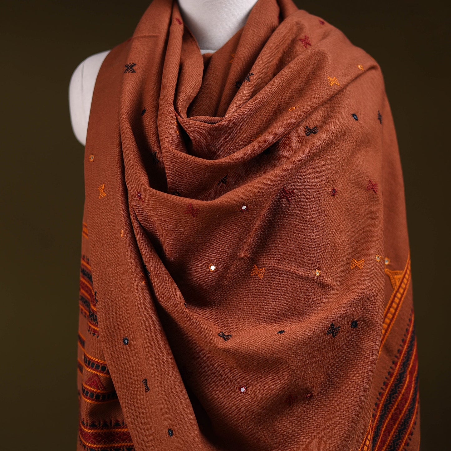 Brown - kutch bhujodi handwoven mirror work acrylic wool