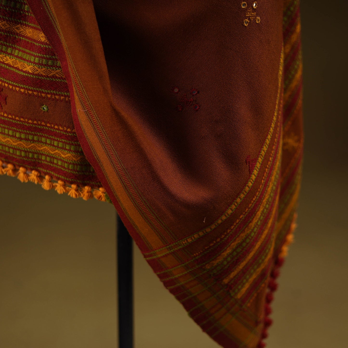 Kutch handwoven mirror work chomuk buta acrylic wool shawl