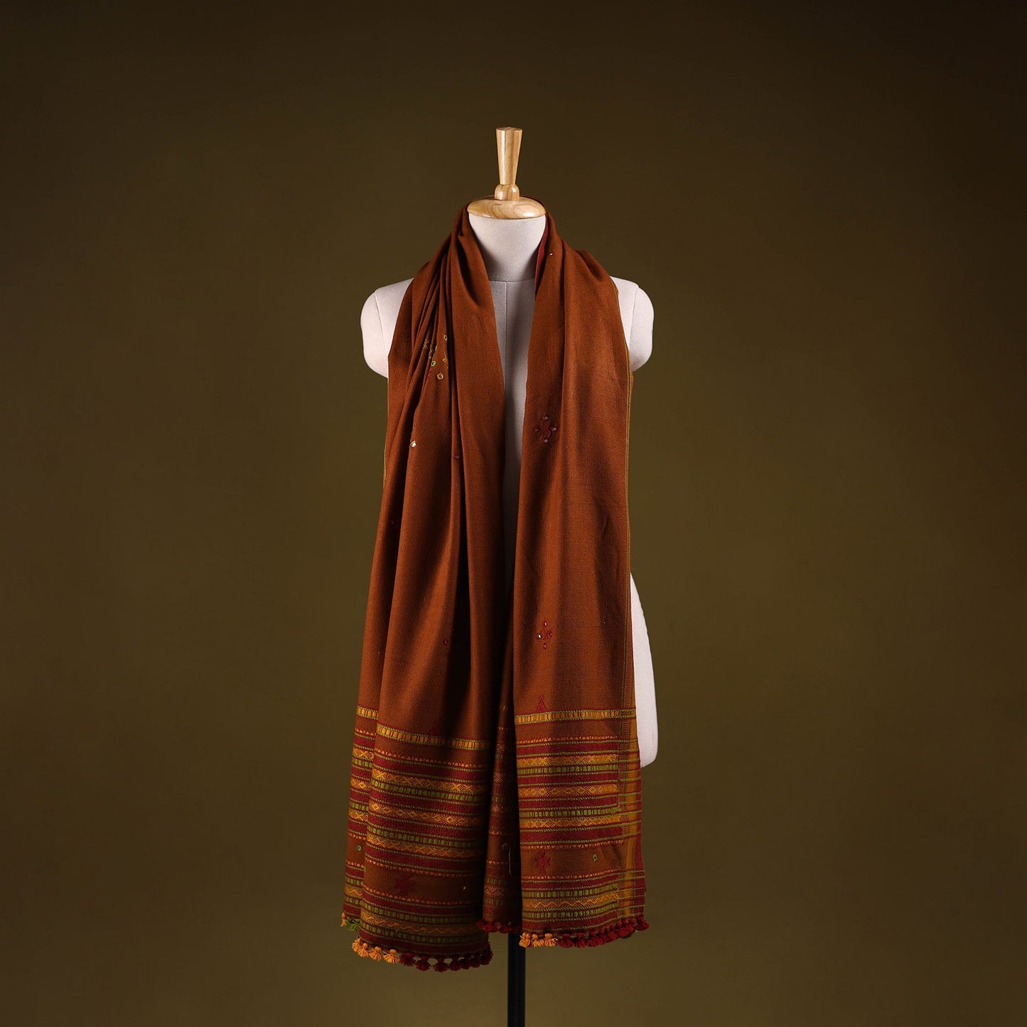 Kutch handwoven mirror work chomuk buta acrylic wool shawl