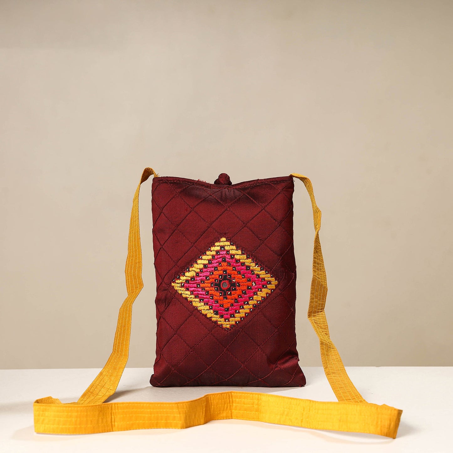 Brown - kutch katri embroidery silk sling bag - handcrafted