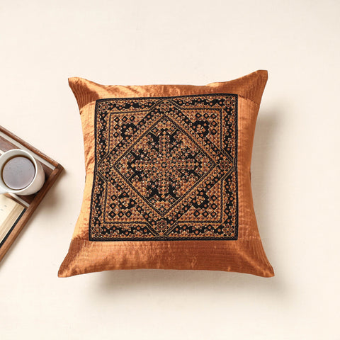 Brown Kutch Neran Hand Embroidery Mashru Silk Cushion Cover