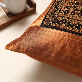 Brown Kutch Neran Hand Embroidery Mashru Silk Cushion Cover