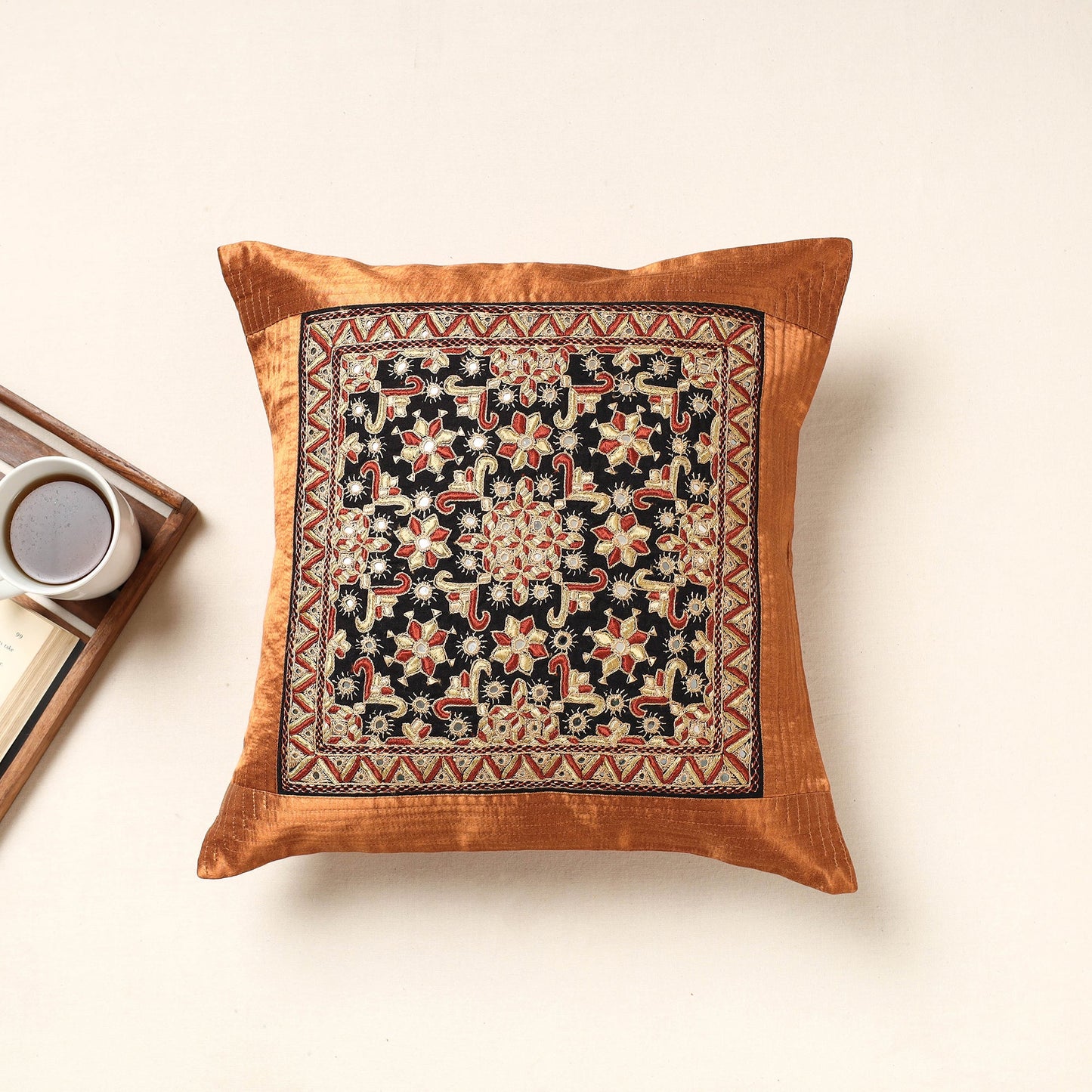 Brown Kutch Pakko Hand Embroidery Mashru Silk Cushion Cover