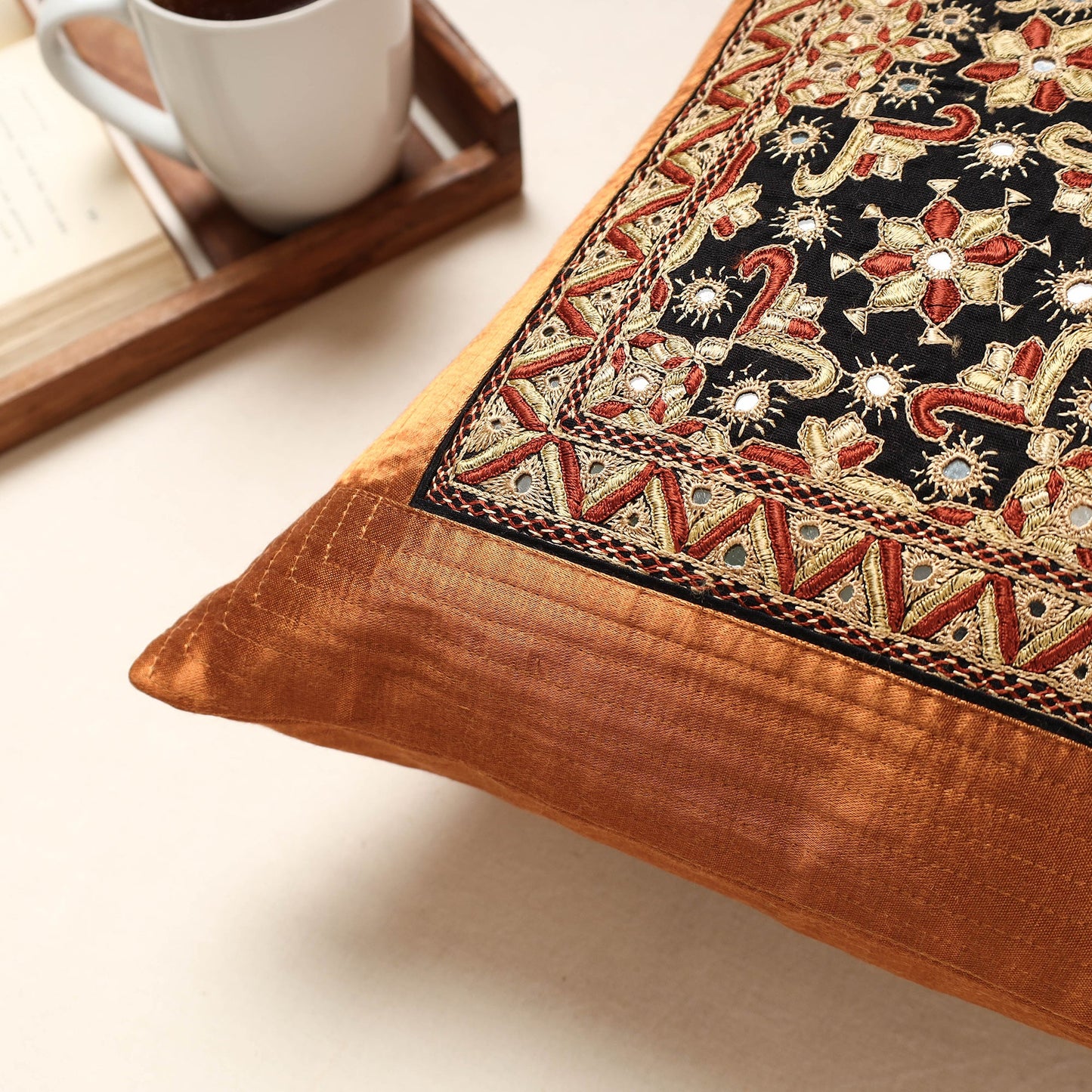 Brown Kutch Pakko Hand Embroidery Mashru Silk Cushion Cover