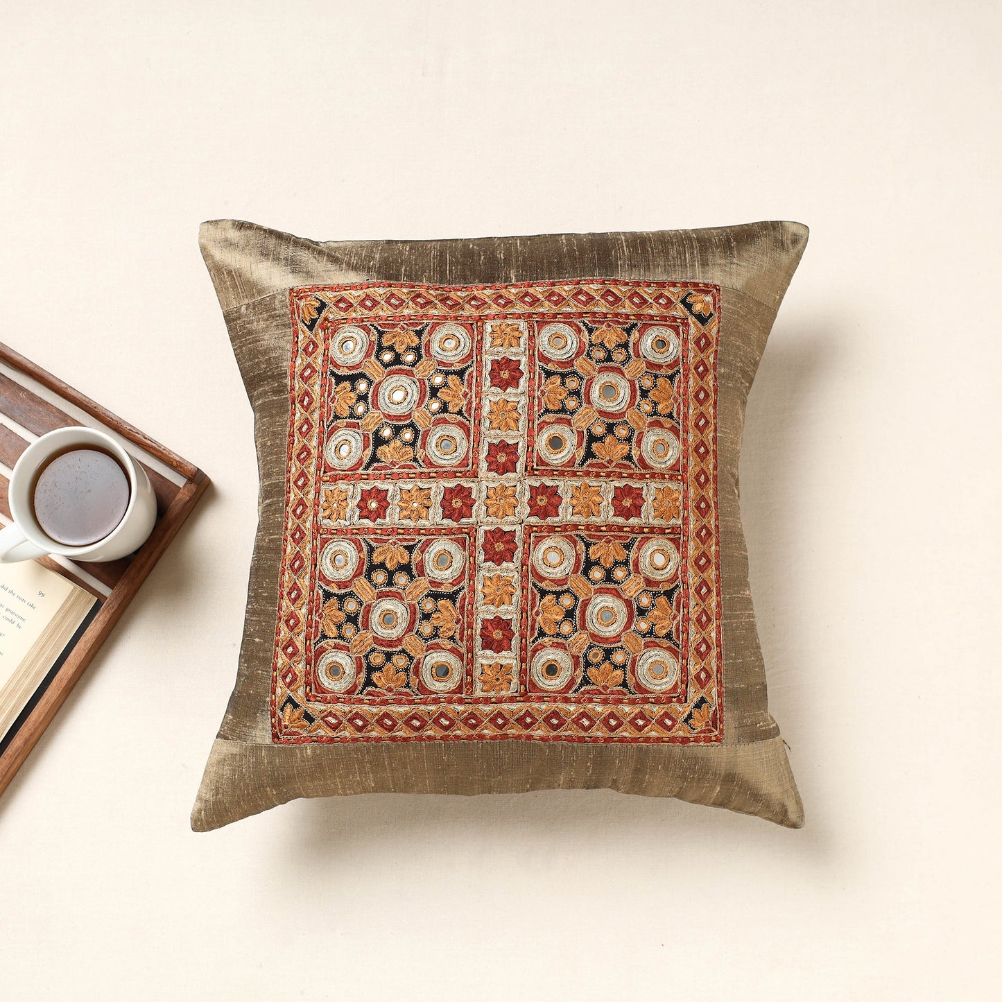 Brown Kutch Pakko Hand Embroidery Silk Cushion Cover