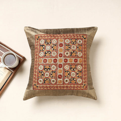 Brown Kutch Pakko Hand Embroidery Silk Cushion Cover