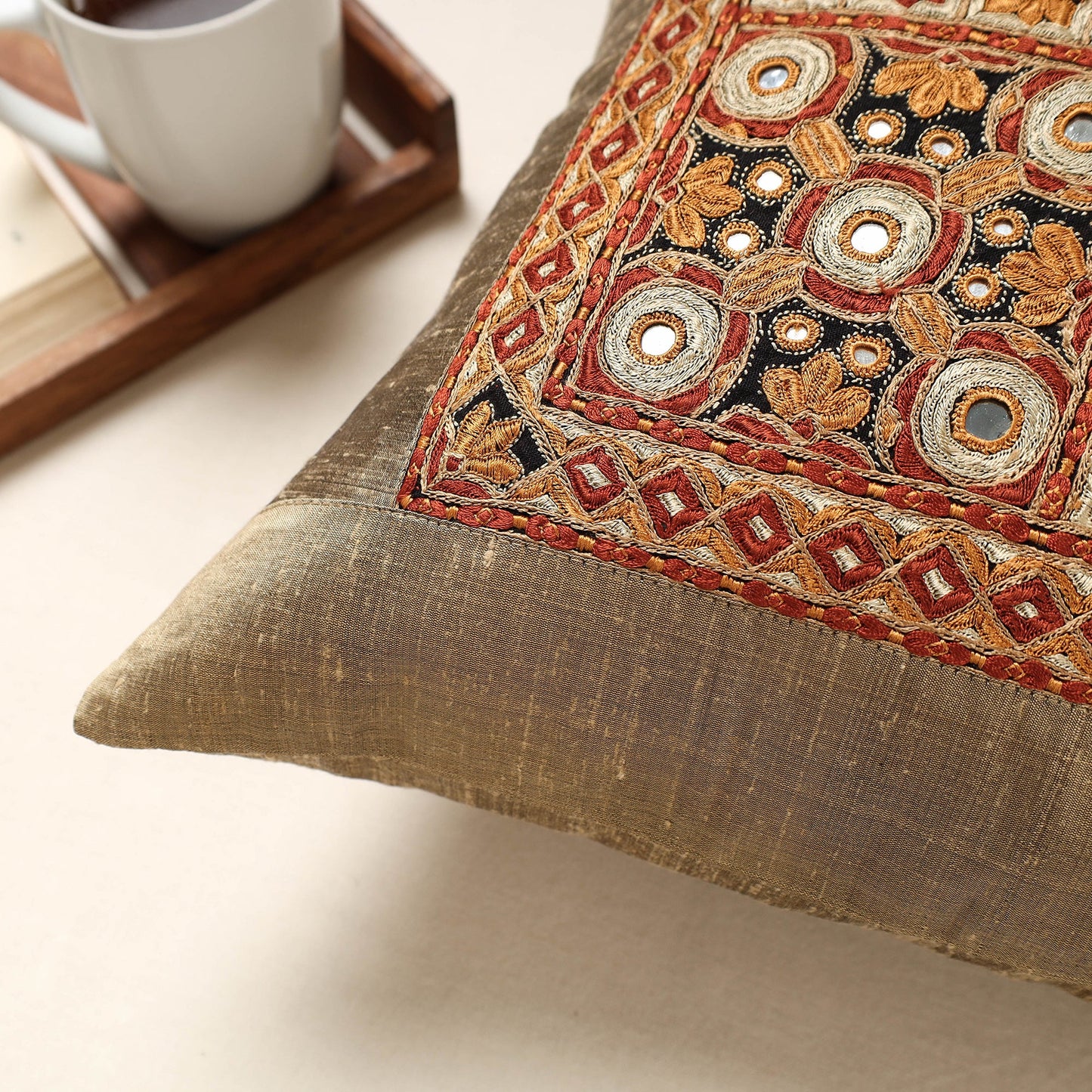 Brown Kutch Pakko Hand Embroidery Silk Cushion Cover