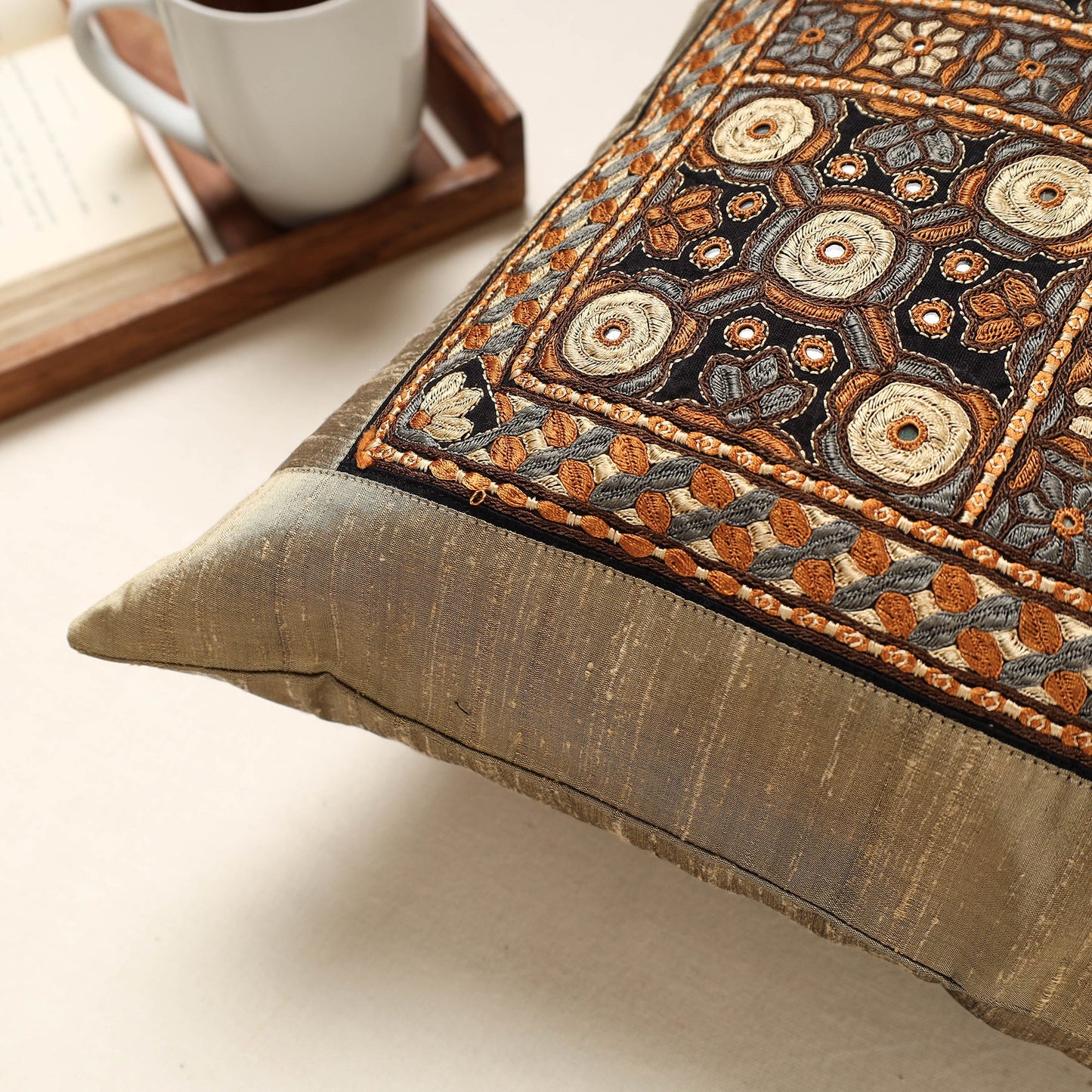 Brown Kutch Pakko Hand Embroidery Silk Cushion Cover