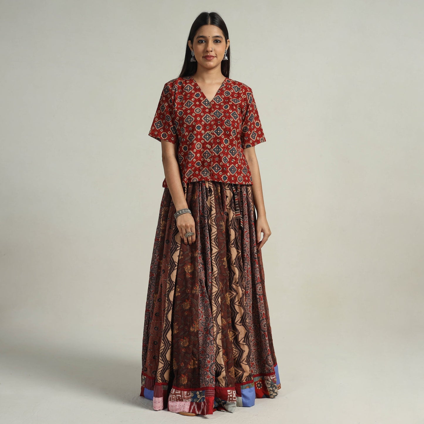 Brown - kutch printed 24 kali cotton long skirt 08