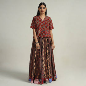 Brown - kutch printed 24 kali cotton long skirt 08