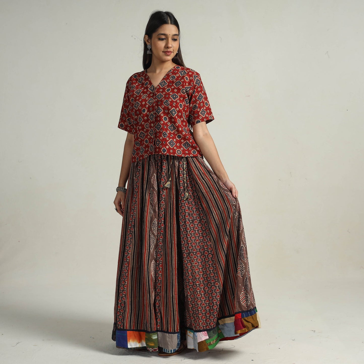 Brown - kutch printed 24 kali cotton long skirt 19