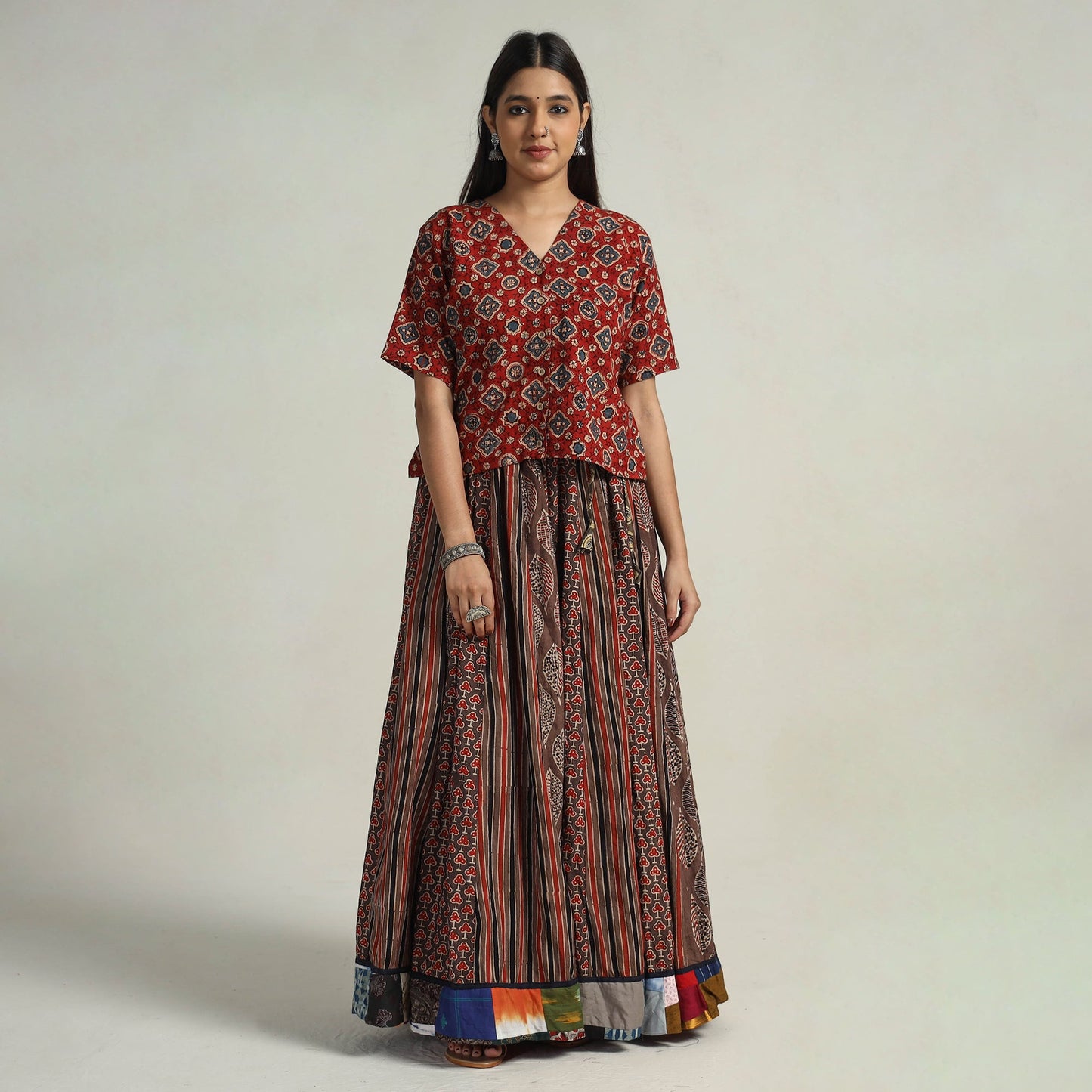 Brown - kutch printed 24 kali cotton long skirt 19