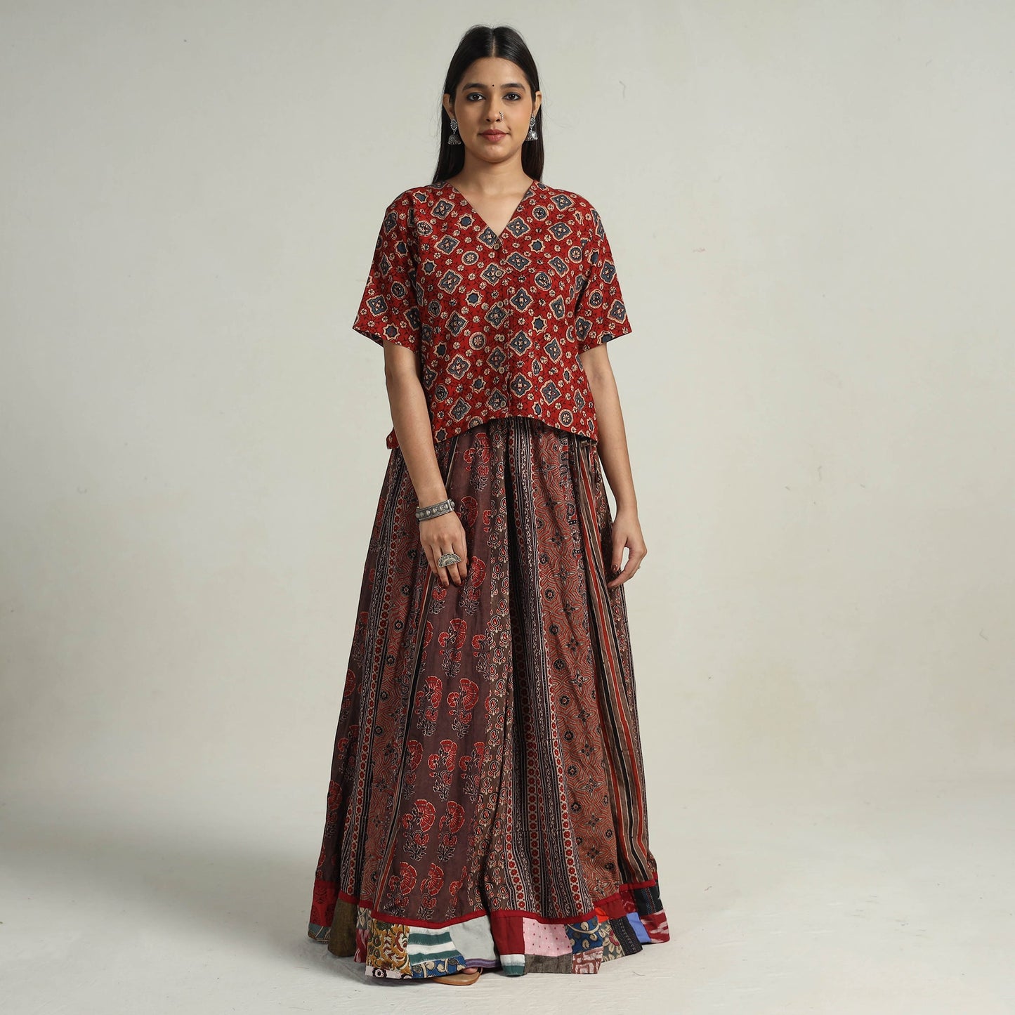 Brown - kutch printed 24 kali cotton long skirt 22