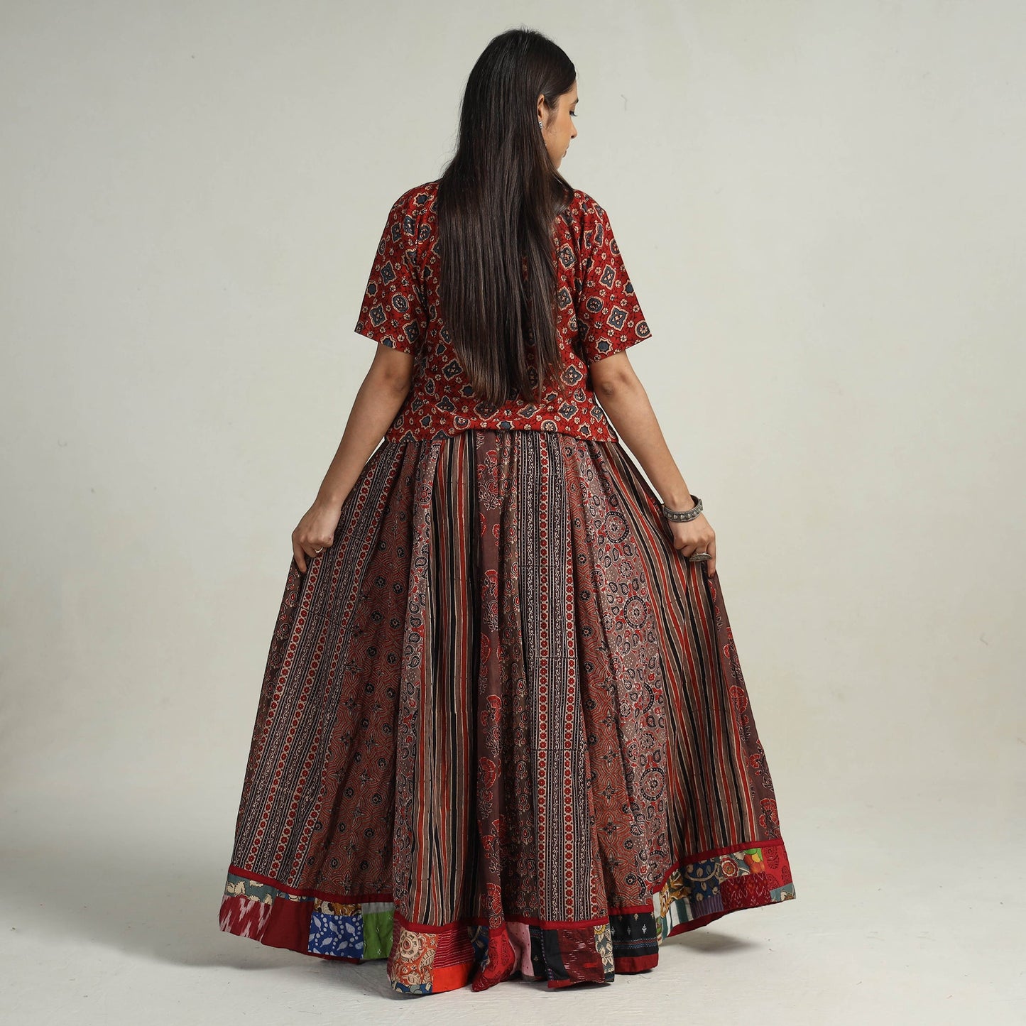 Brown - kutch printed 24 kali cotton long skirt 22