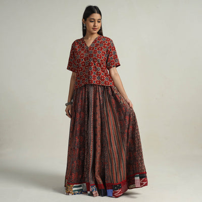 Brown - kutch printed 24 kali cotton long skirt 22