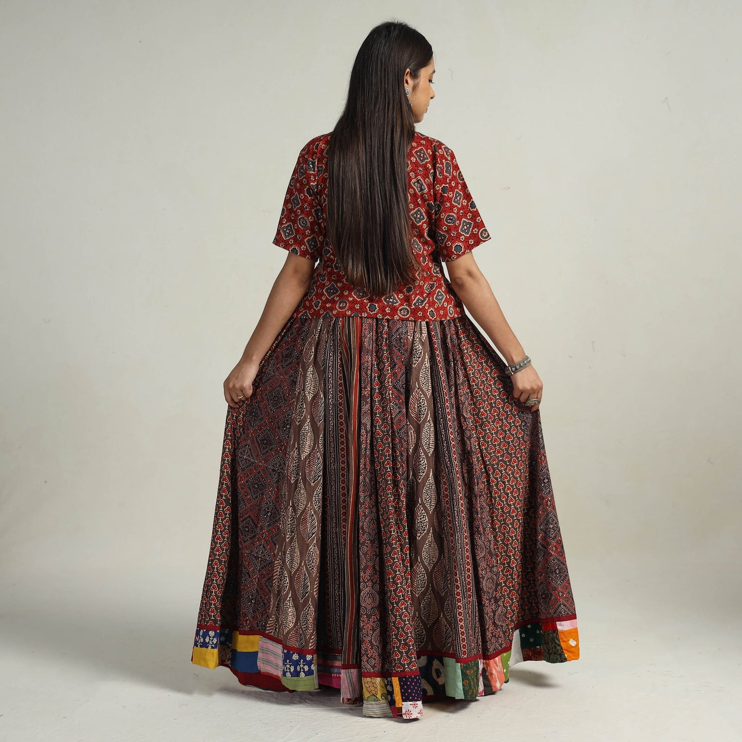 Brown - kutch printed 24 kali cotton long skirt 29