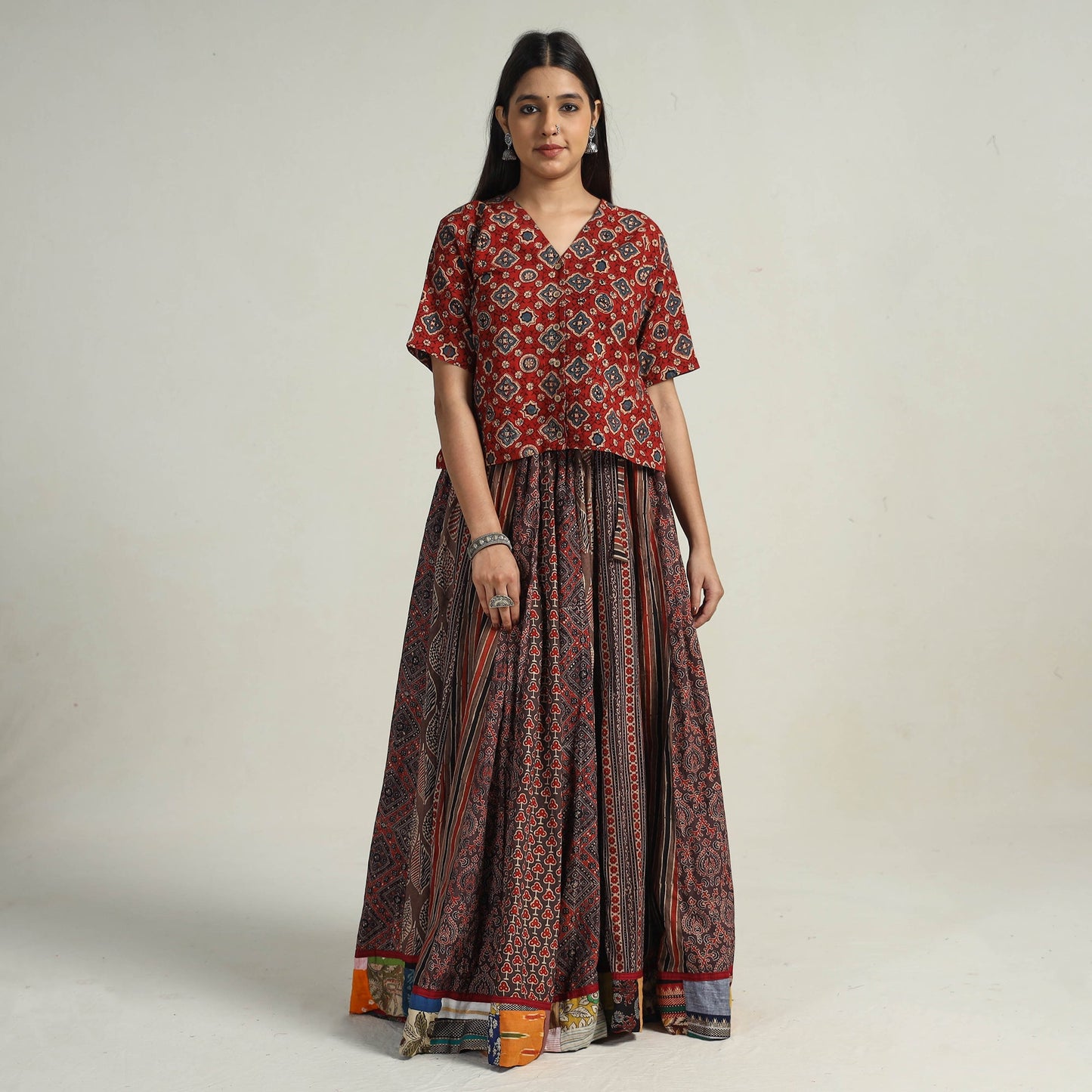 Brown - kutch printed 24 kali cotton long skirt 29