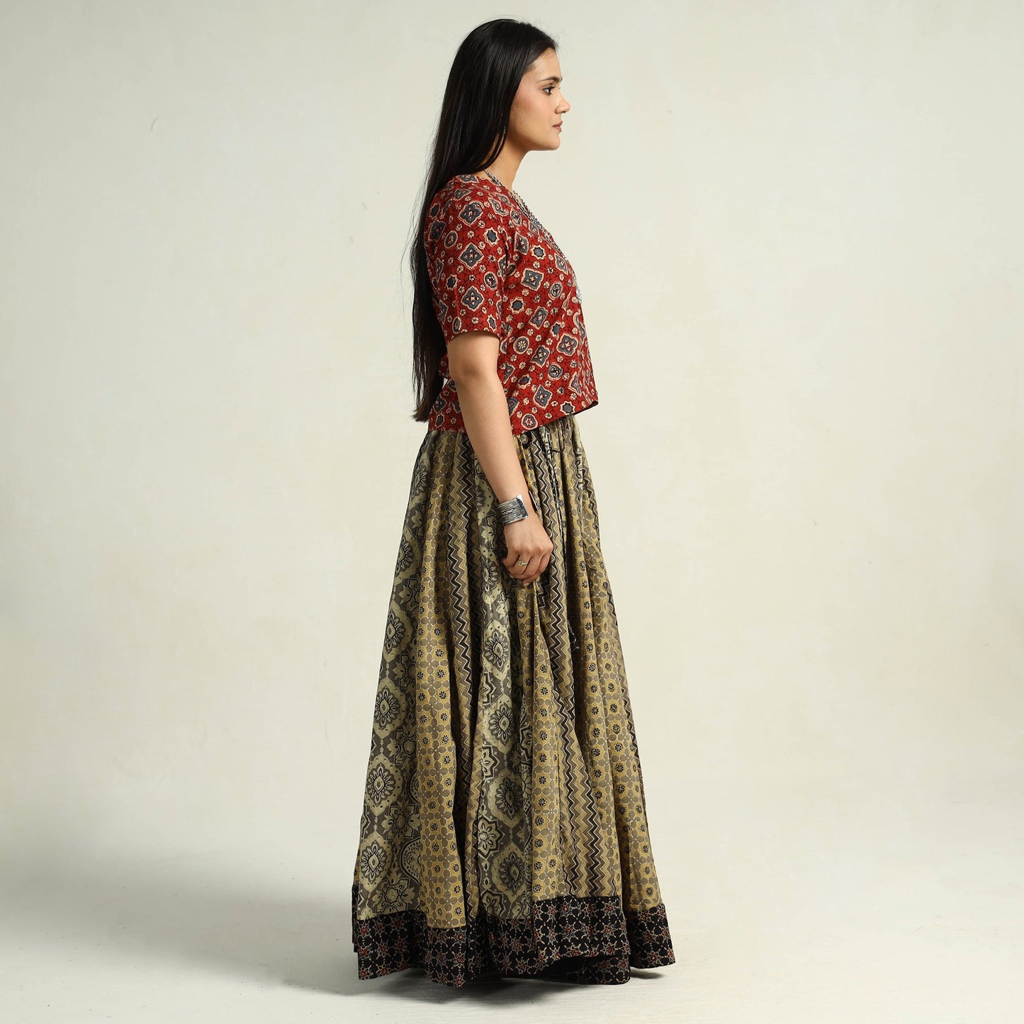 Brown - kutch printed 24 kali cotton long skirt 34