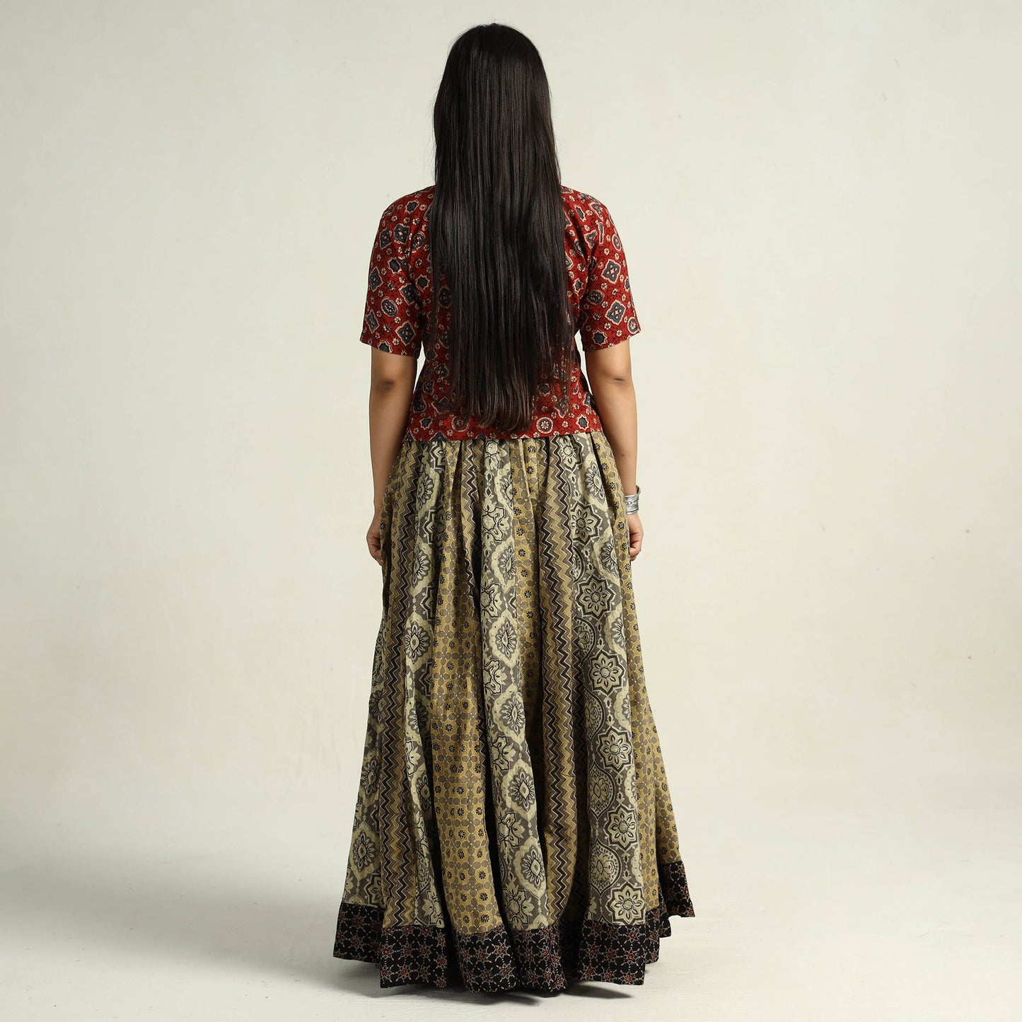 Brown - kutch printed 24 kali cotton long skirt 34