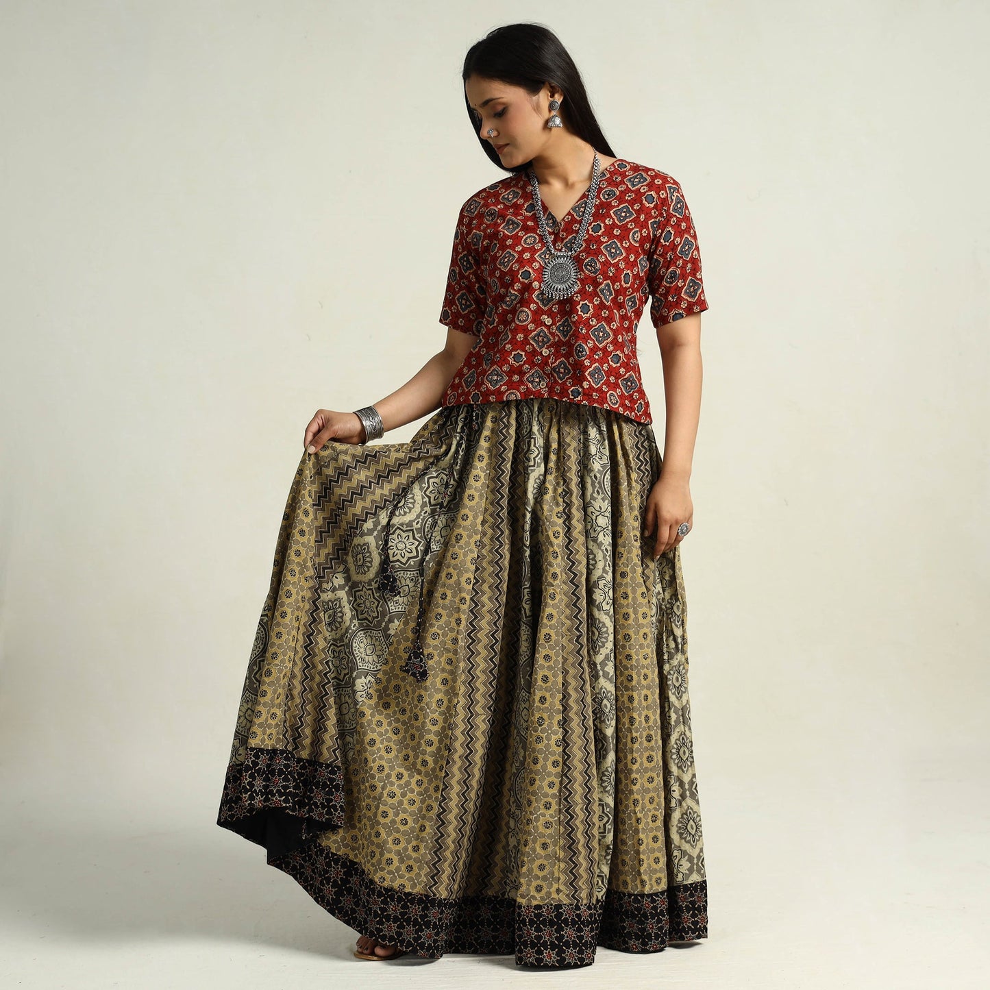 Brown - kutch printed 24 kali cotton long skirt 34