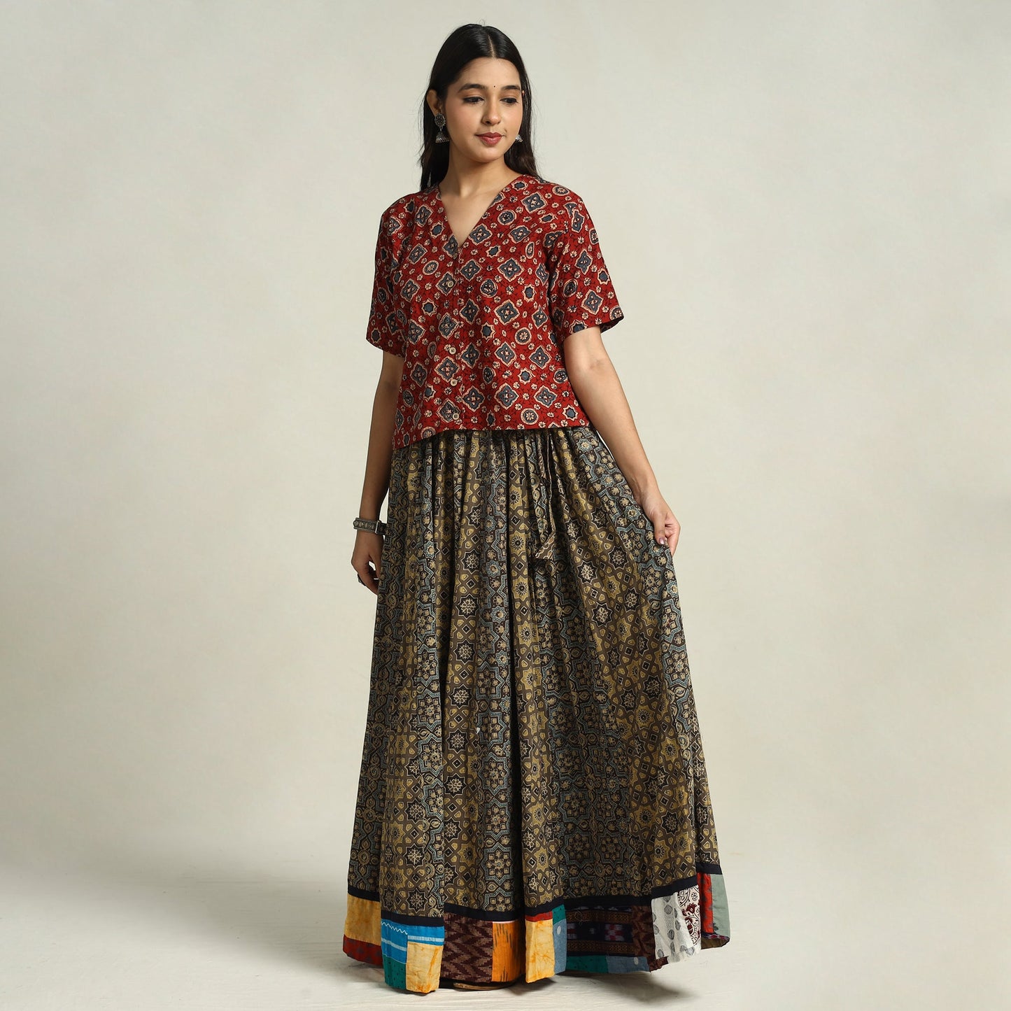 Brown - kutch printed 24 kali cotton long skirt 43