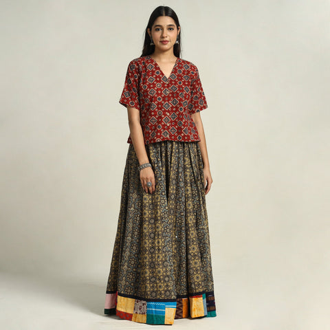 Brown - kutch printed 24 kali cotton long skirt 43