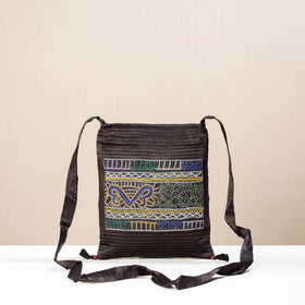 Brown - kutch rabari hand embroidery mashru silk sling bag