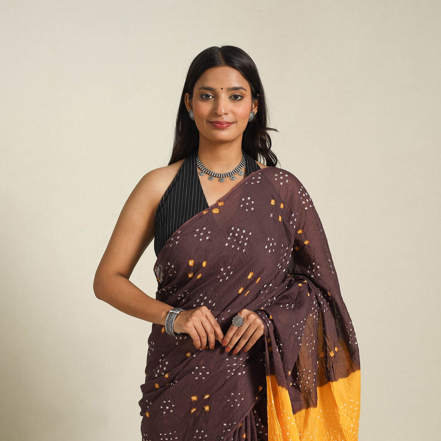 Brown - kutch tie-dye cotton bandhani saree 37 - handcrafted