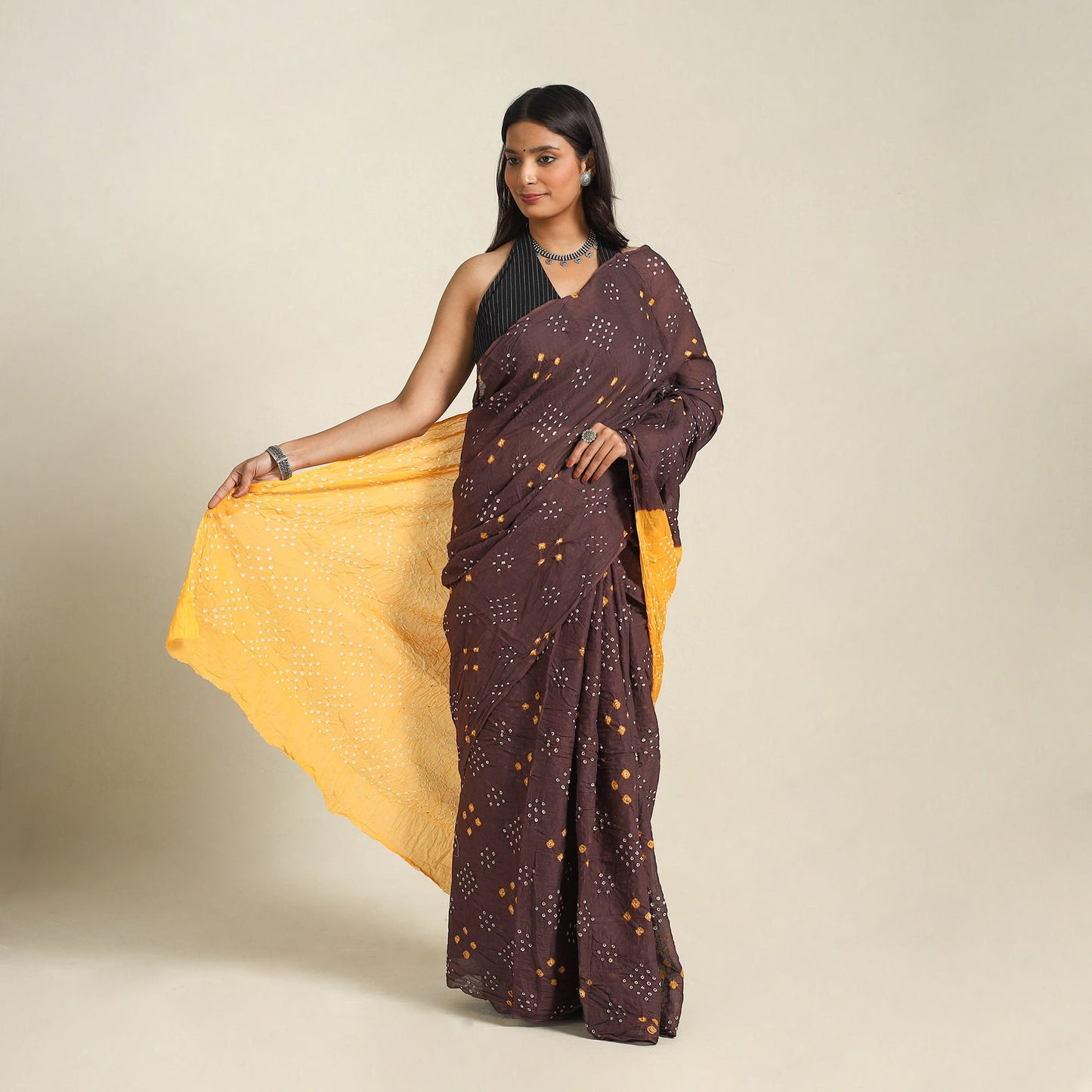 Brown - kutch tie-dye cotton bandhani saree 37 - handcrafted