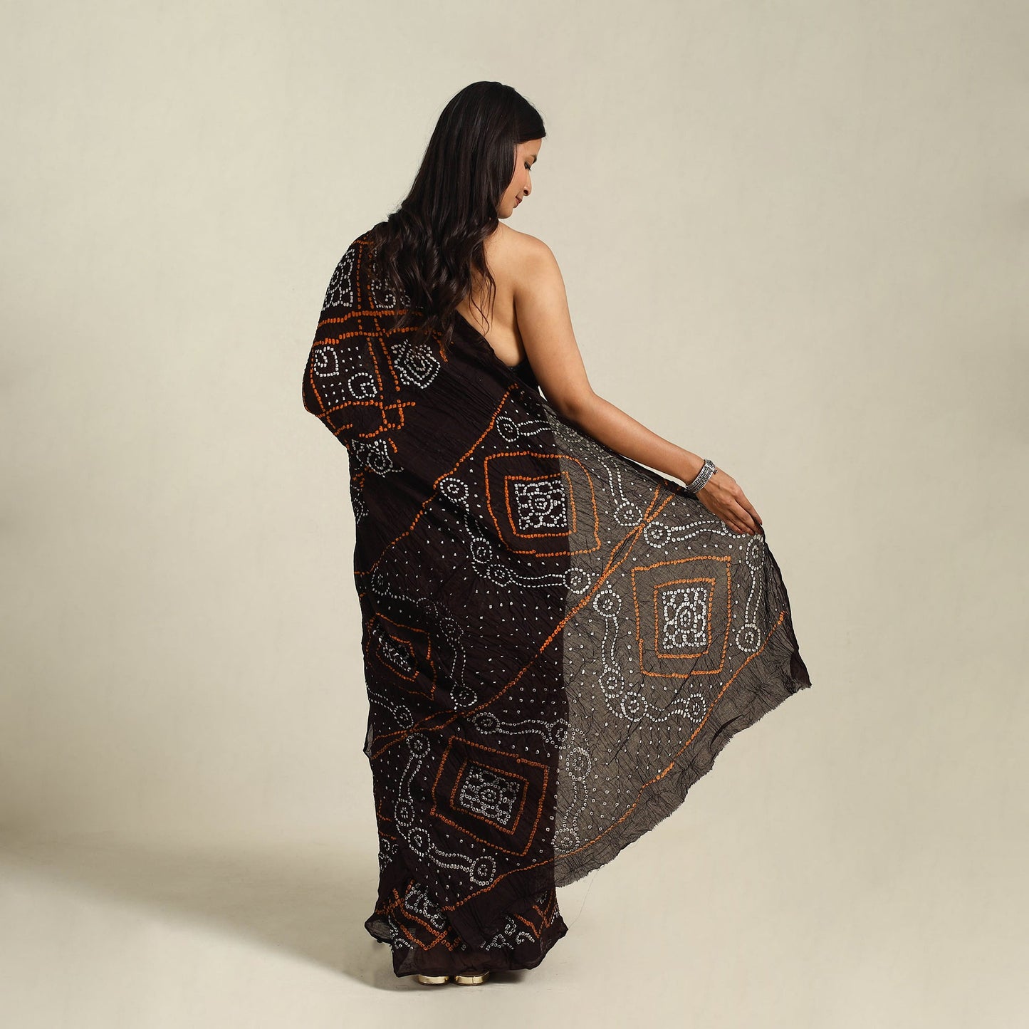 Brown - kutch tie-dye cotton bandhani saree 50 - handcrafted