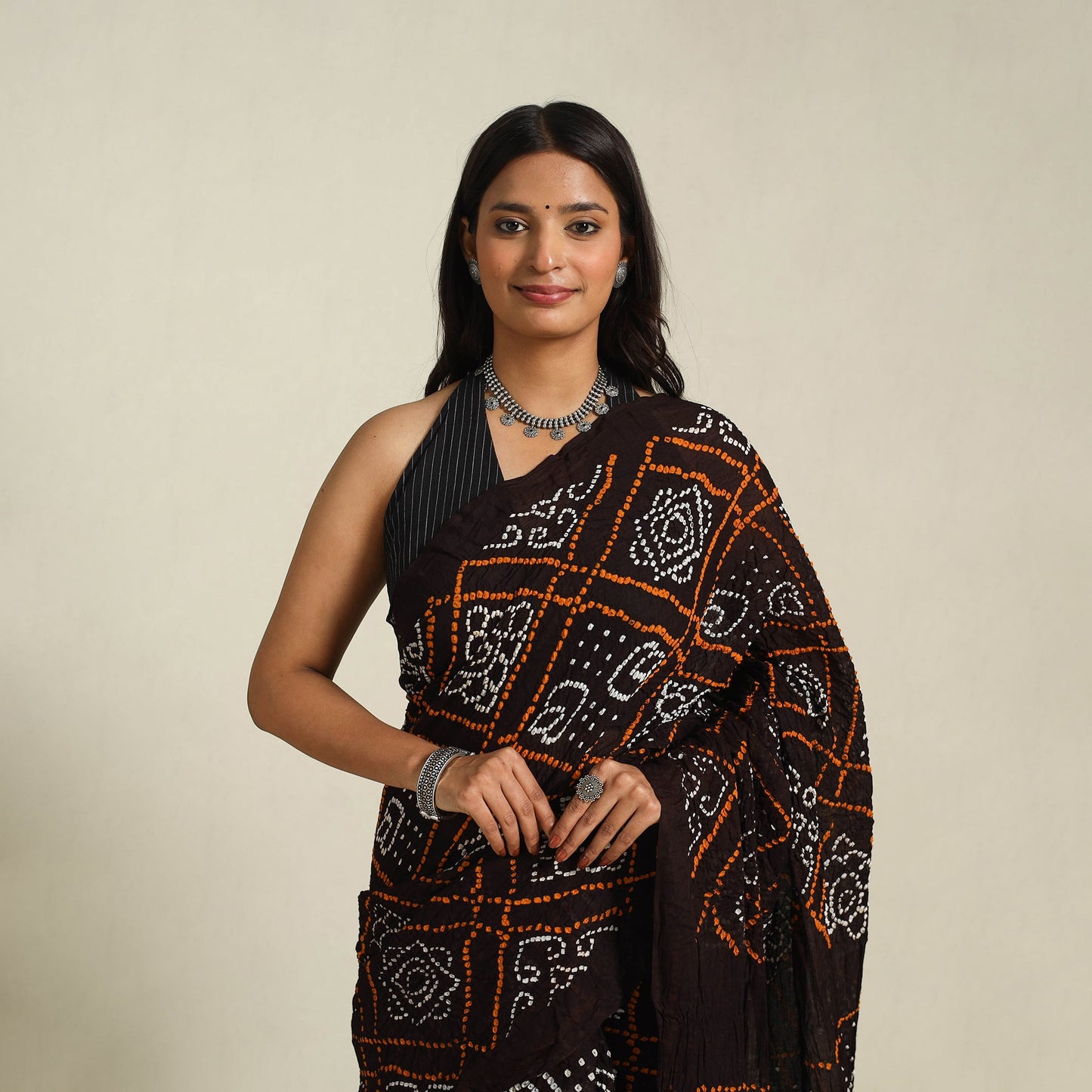 Brown - kutch tie-dye cotton bandhani saree 50 - handcrafted