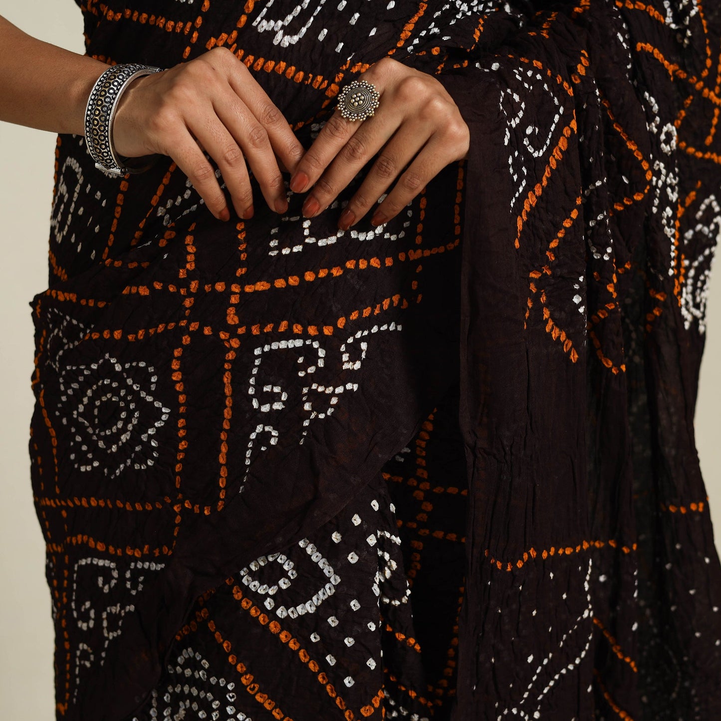 Brown - kutch tie-dye cotton bandhani saree 50 - handcrafted