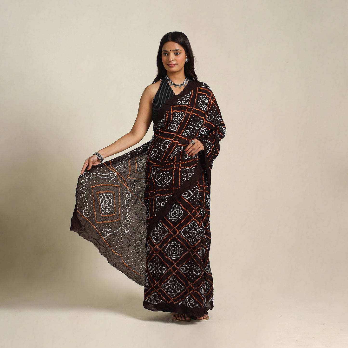 Brown - kutch tie-dye cotton bandhani saree 50 - handcrafted