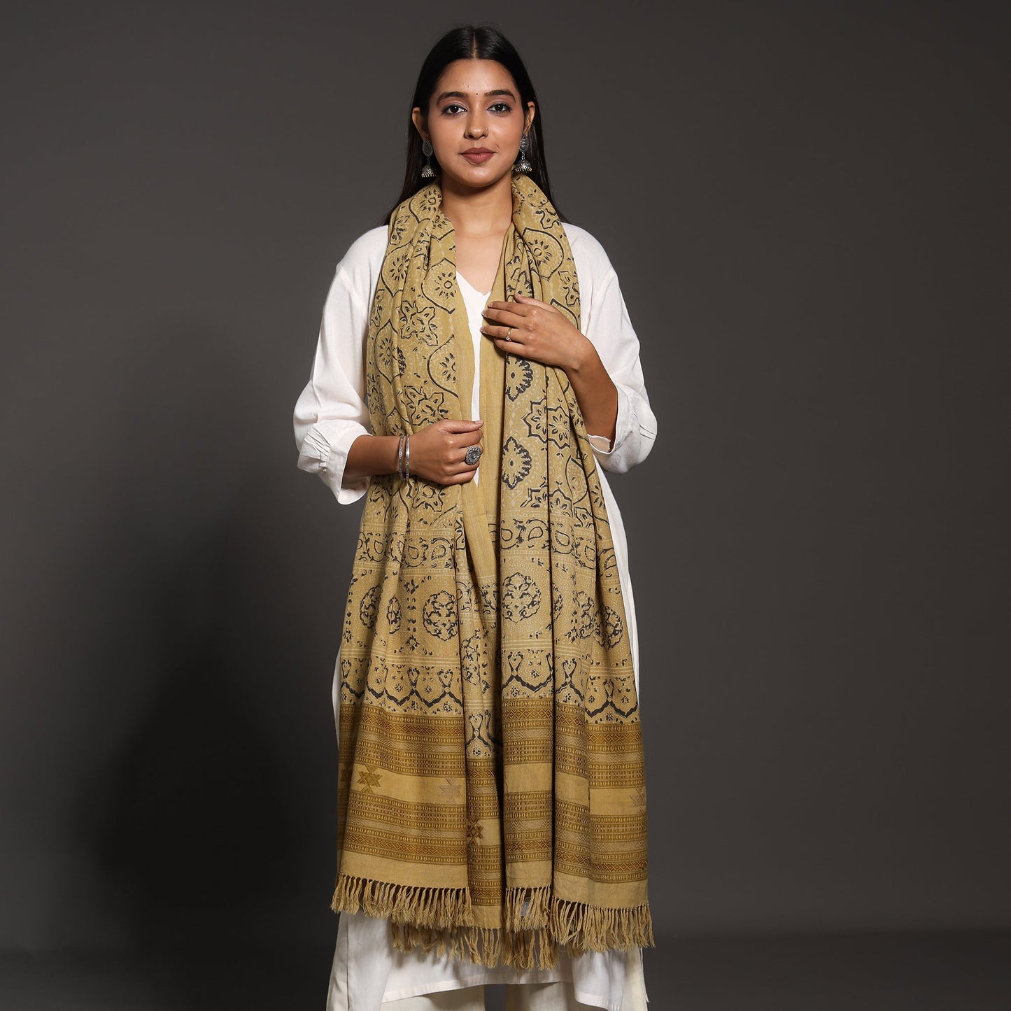  Brown Kutch Traditional Ajrakh Block Printed Handwoven Pure Wool Shawl