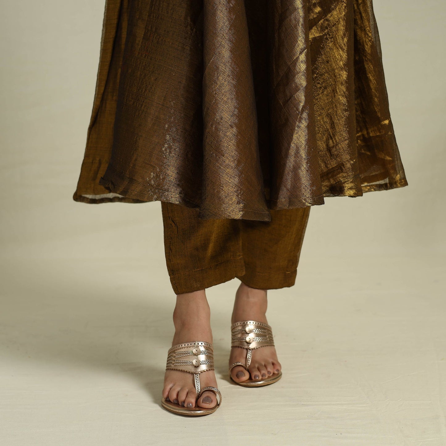 Brown Lace Work Fine Tissue Zari Plain Anarkali Kurta Set for Women