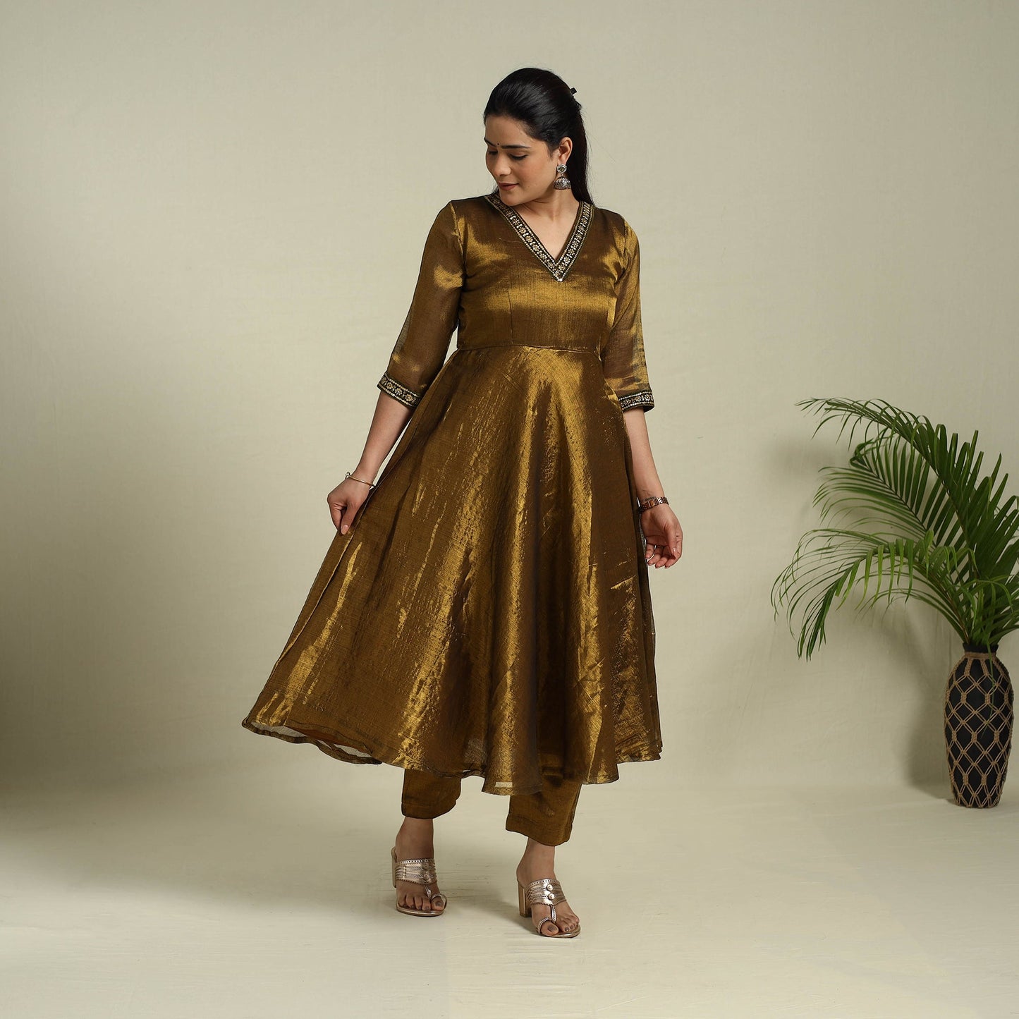 Brown Lace Work Fine Tissue Zari Plain Anarkali Kurta Set for Women