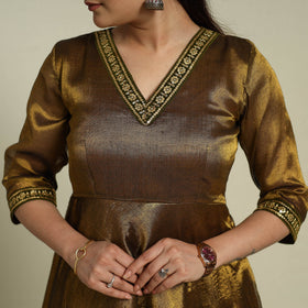 Brown Lace Work Fine Tissue Zari Plain Anarkali Kurta Set for Women