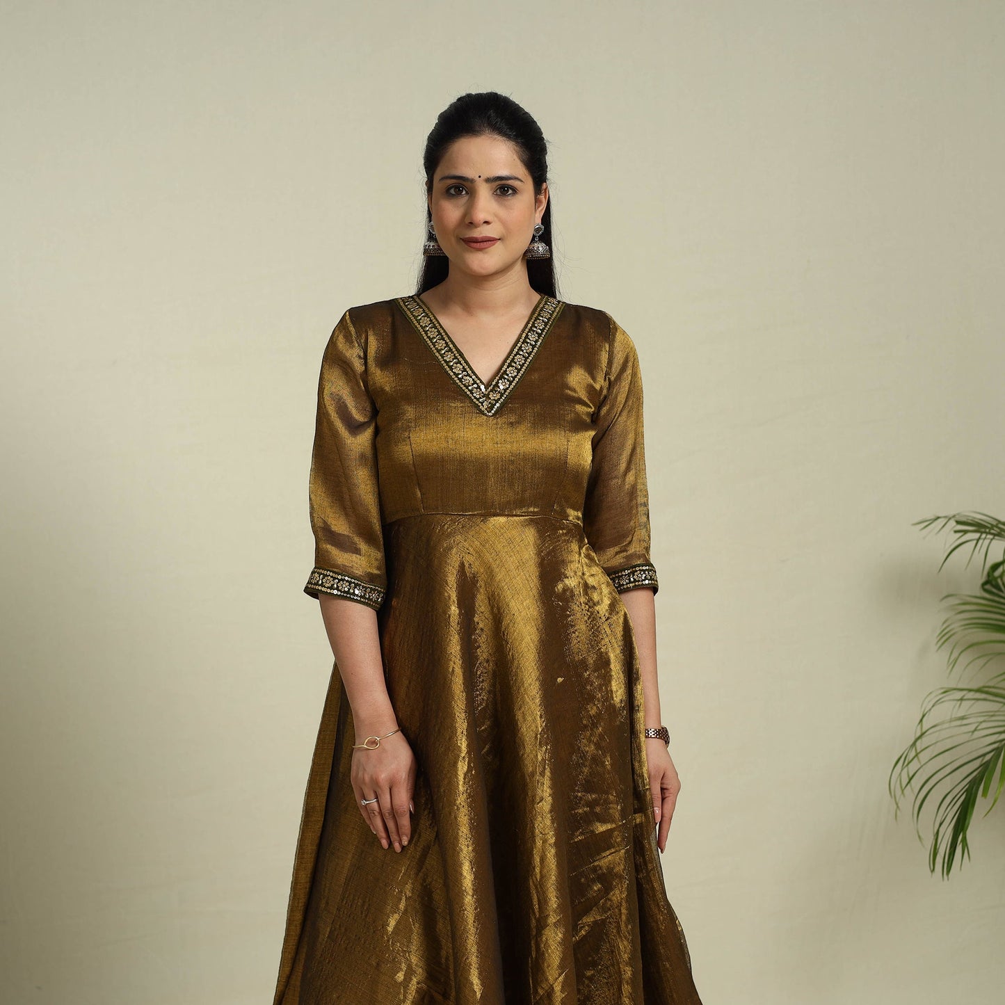 Brown Lace Work Fine Tissue Zari Plain Anarkali Kurta Set for Women