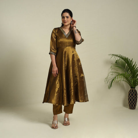 Brown Lace Work Fine Tissue Zari Plain Anarkali Kurta Set for Women