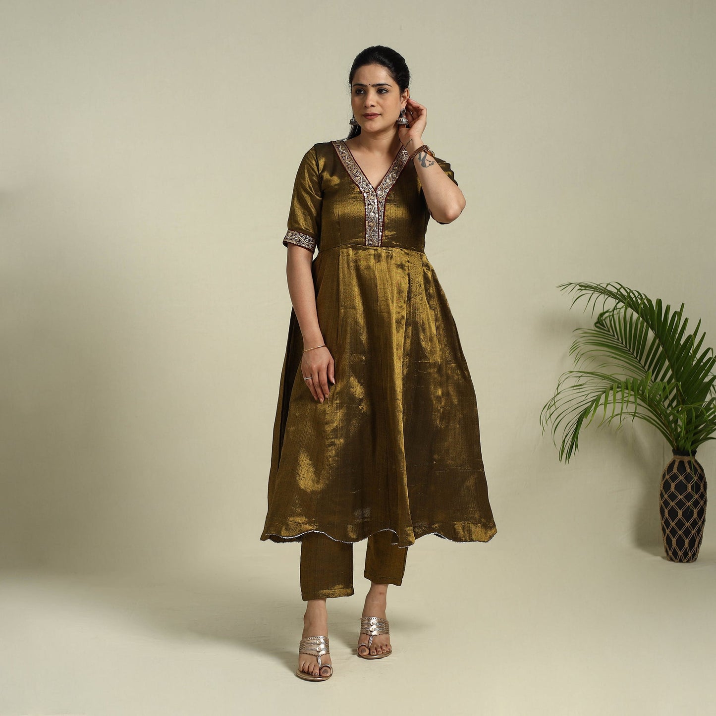 Buy Brown Lace Work Fine Tissue Zari Plain Anarkali Kurta Set for Women