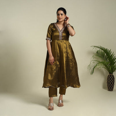 Buy Brown Lace Work Fine Tissue Zari Plain Anarkali Kurta Set for Women