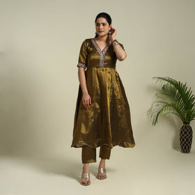 Buy Brown Lace Work Fine Tissue Zari Plain Anarkali Kurta Set for Women