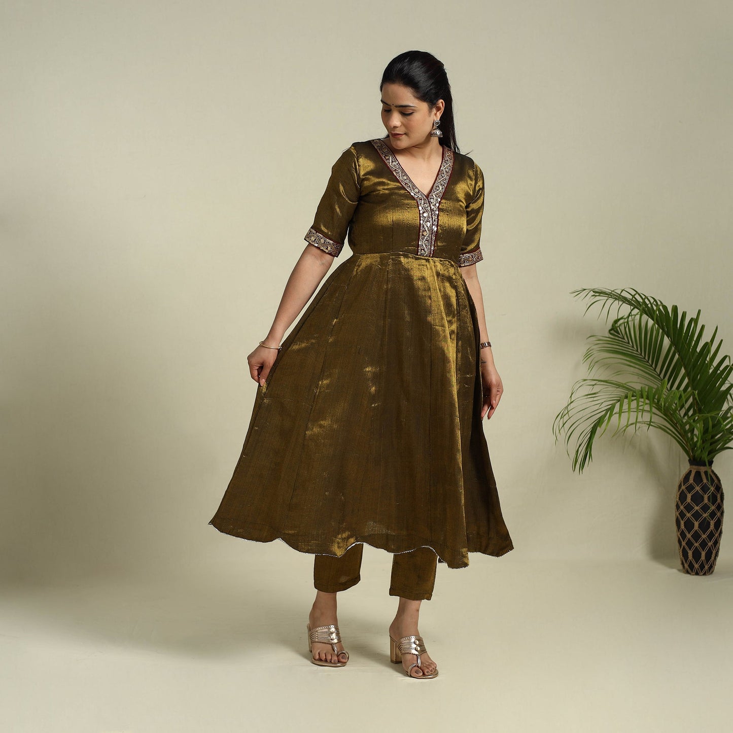 Buy Brown Lace Work Fine Tissue Zari Plain Anarkali Kurta Set for Women