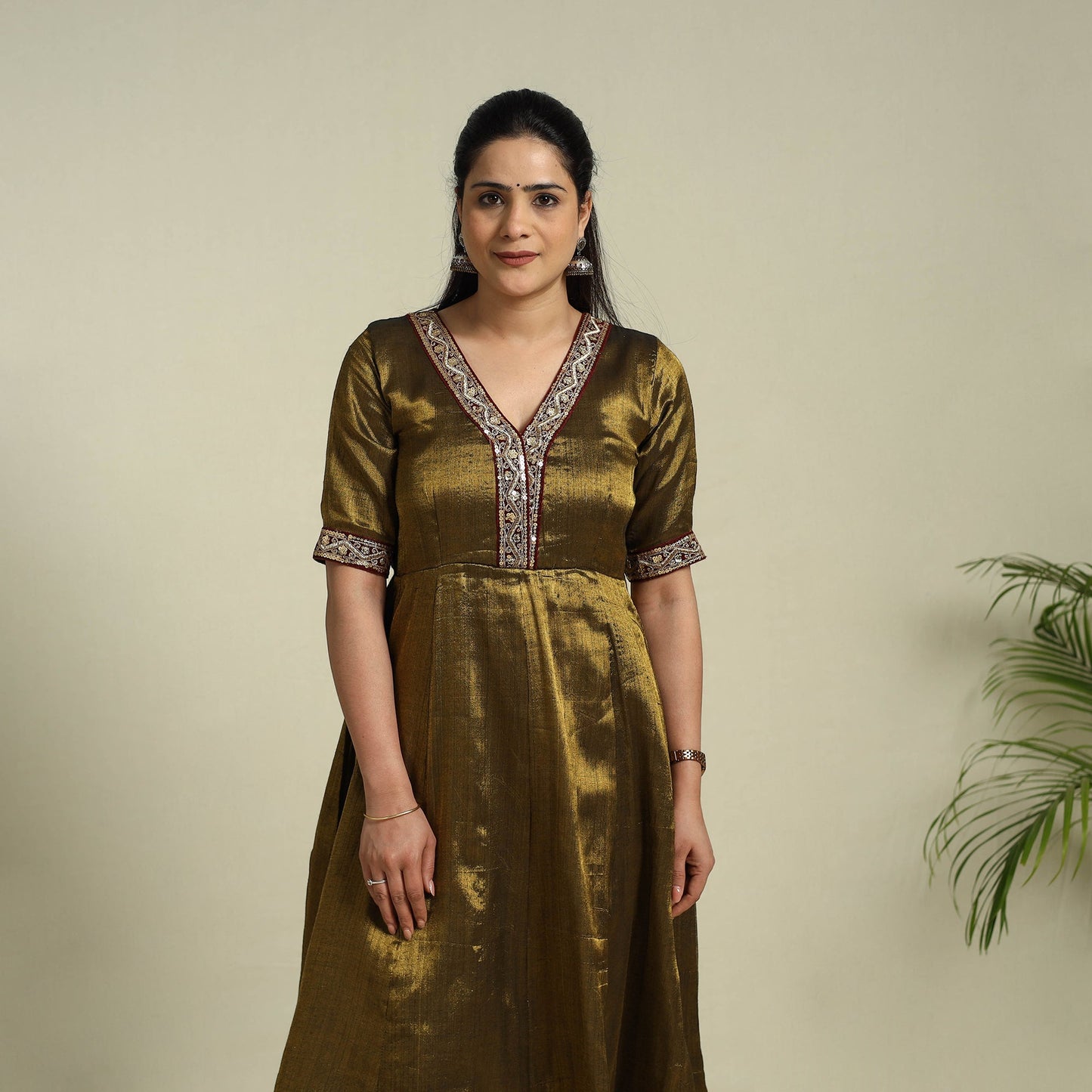 Buy Brown Lace Work Fine Tissue Zari Plain Anarkali Kurta Set for Women