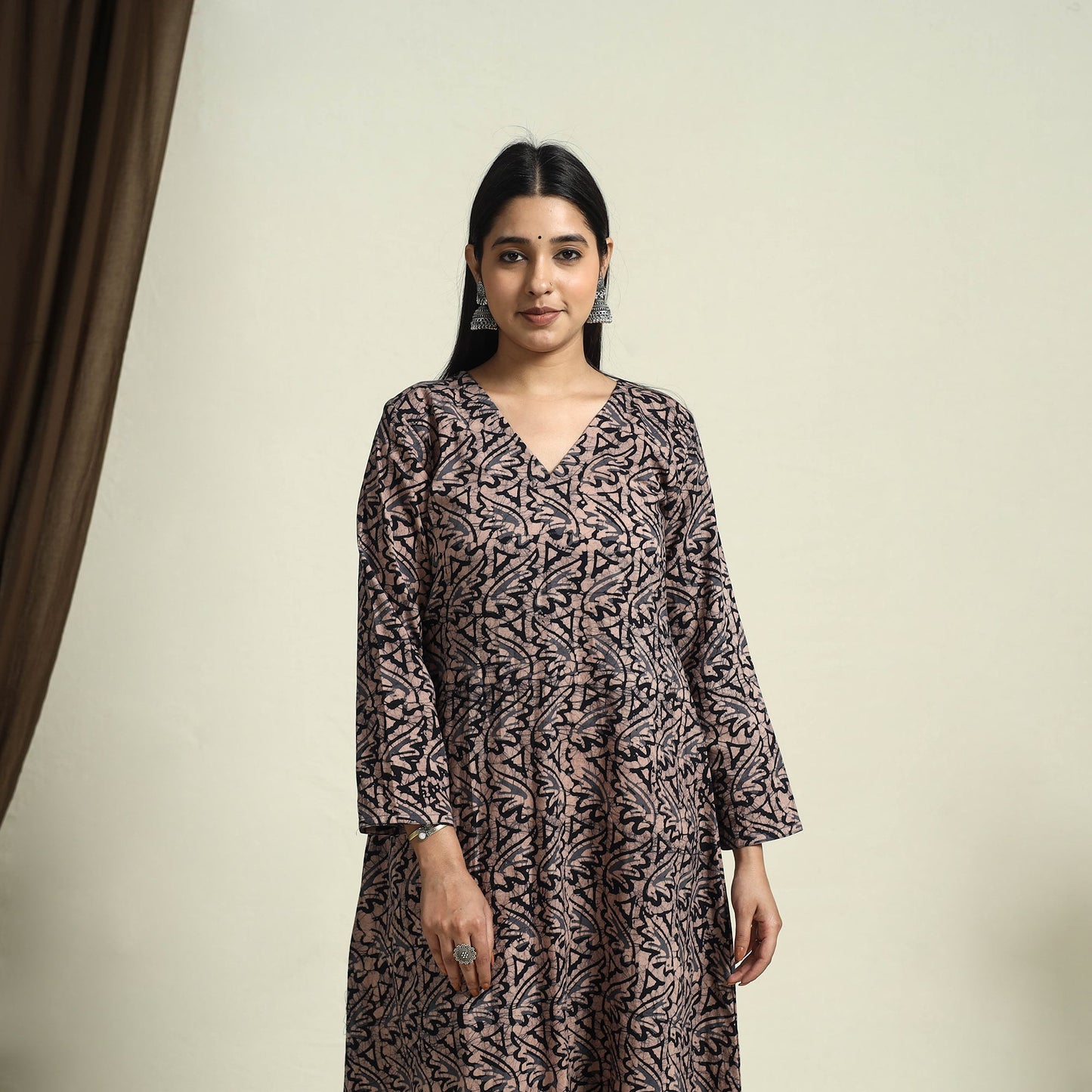  Brown A-Line Batik Print Cotton Kurta for Women
