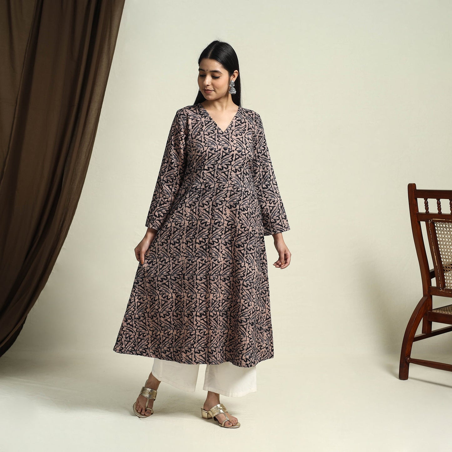  Brown A-Line Batik Print Cotton Kurta for Women