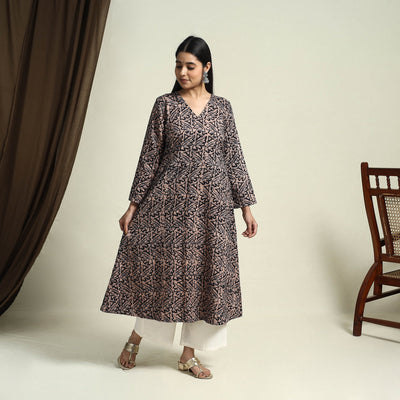  Brown A-Line Batik Print Cotton Kurta for Women