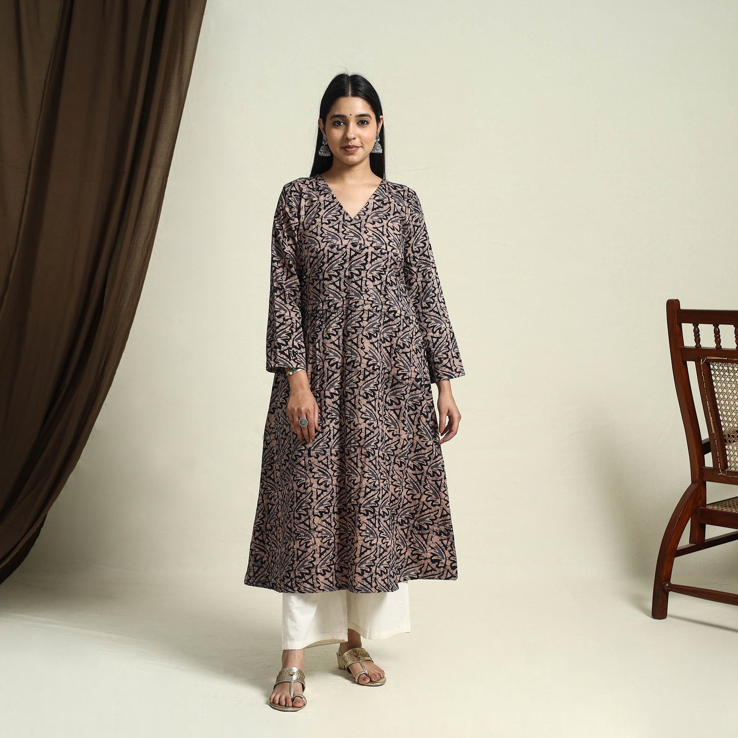  Brown A-Line Batik Print Cotton Kurta for Women